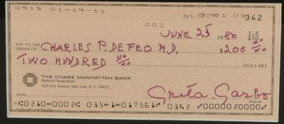 null GARBO Greta (1905-1990).

Bank cheque of the actress made out to her doctor,...