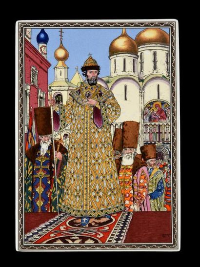 D'APRÈS BILIBINE IVAN IAKOVÏEVITCH (1876-1942) Portrait du tsar Boris Godounov.
Plaque...