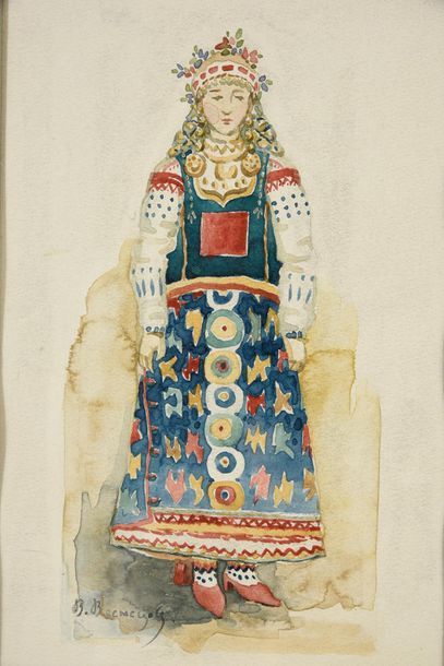 VASNETSOFF Victor Mikhaïlovitch (1848-1926) Jeune fille en tenue traditionnelle russe.
Aquarelle...