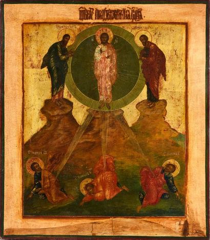 null THE TRANSFIGURATION OF THE LORD.
19th century Russian icon, tempera on wood.
Weathered,...