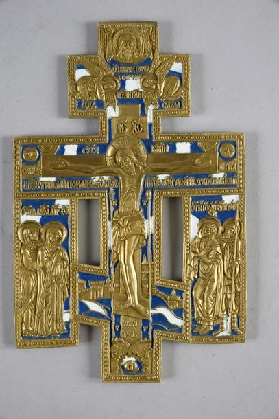 null ORTHODOX CROSS IN GILT BRONZE.
Partially decorated with blue and white enamel,...