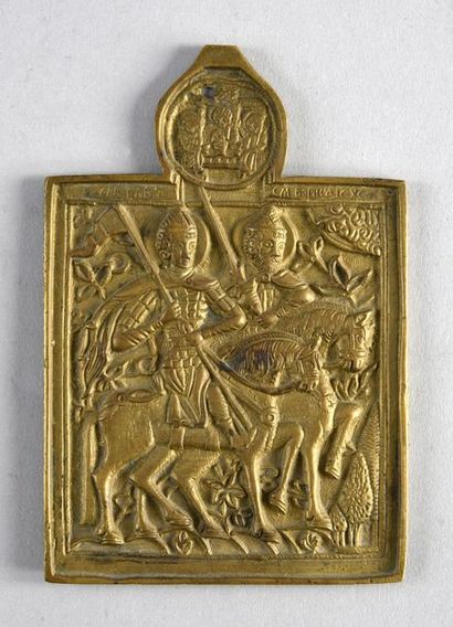 null ICÔNE DE VOYAGE.
En bronze doré, représentant les saints Gleb et Boris montés...