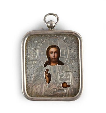 null TRAVEL ICON TO THE PANTOCRATOR CHRIST.
Oil on metal preserved under a silver...