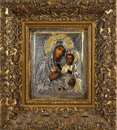 null THE VIRGIN OF IVERSKAYA.
Tempera on wood preserved under riza in silver and...