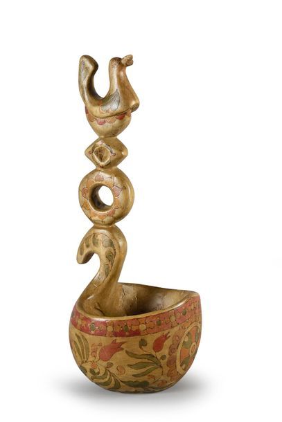 null WOODEN CHARKA.
Round in shape, decorated with engraved polychrome foliage motifs...