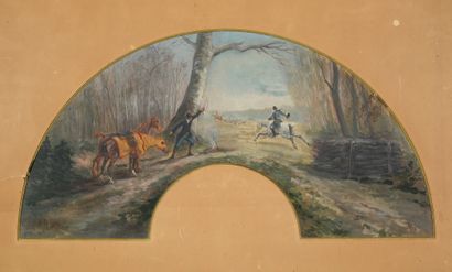 null The Hunter in Bivouac, 1886
Gouache fan paper of the edge of a forest in winter,...