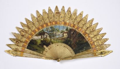 null Swiss landscape, circa 1820
A broken horn painted fan of a panorama of farms...