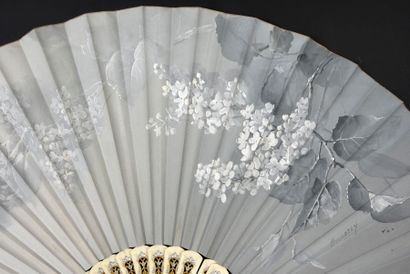  Billotey, White Lilacs, circa 1890 Folded fan, the silk leaf painted in shades of...