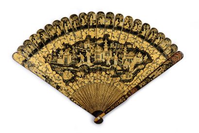  Pagodas on the islands, China, 19th century Large broken type fan in black lacquered...