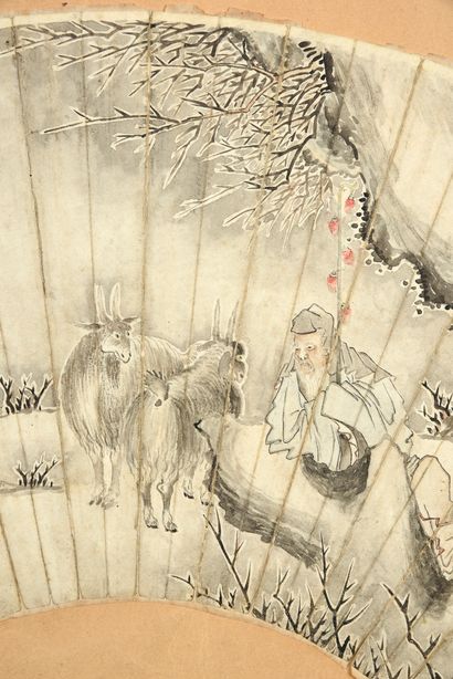 «Su Wu garde les béliers», Chine, fin du XIXe siècle Feuille d'éventail en papier...