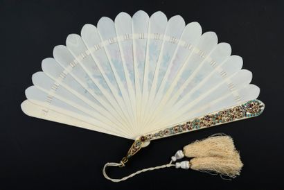  Birds and royal crown, circa 1890 Rich jewel fan, of broken type, the ivory* strands...