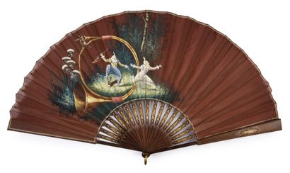  E. Albert, The Clown and the Hunter Rabbit, ca. 1890 Folded fan, the chocolate-coloured...