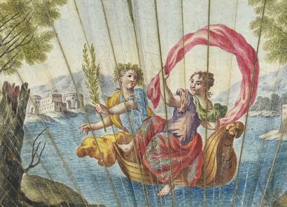 null Le voyage, vers 1700-1720
Éventail plié, la feuille en peau peinte à la gouache...
