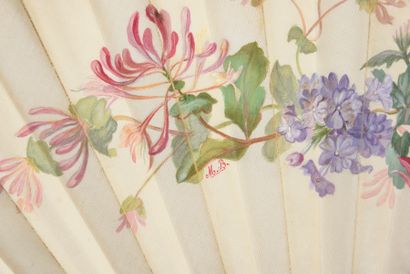  Primroses and honeysuckle, circa 1860-1880 Folded fan, silk leaf painted with gouache...