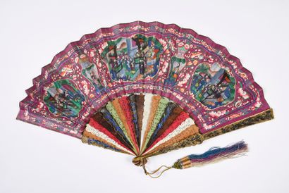  Forty figures, China, 19th century Folded fan, the double sheet of paper painted...
