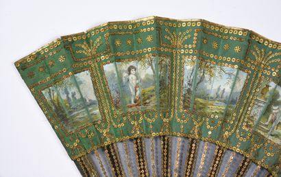 null Donzel, Les amours, circa 1900
Folded fan, the sheet in green silk and black...