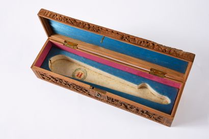  Fan box, China, 19th century Important rectangular sandalwood box carved on the...