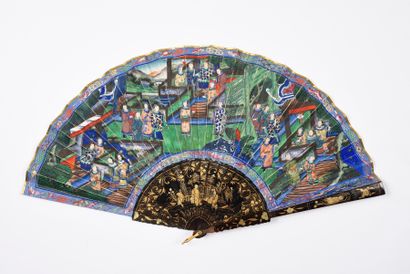  River scene, China, ca. 1850 Folded fan, the double sheet of paper painted on one...