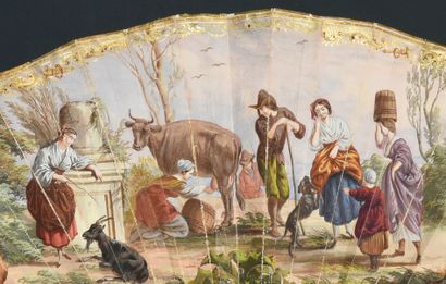  Milking Time, ca. 1850 Folded fan, the painted paper sheet of a scene of everyday...