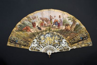  Milking Time, ca. 1850 Folded fan, the painted paper sheet of a scene of everyday...