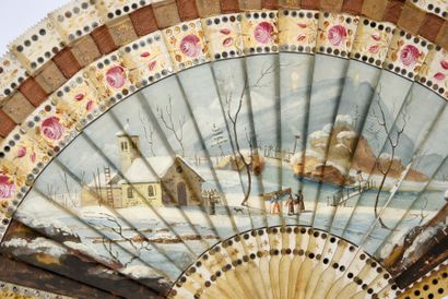 null Falling Snow, ca. 1820
Blonde horn fan painted with a rare snowy landscape with...