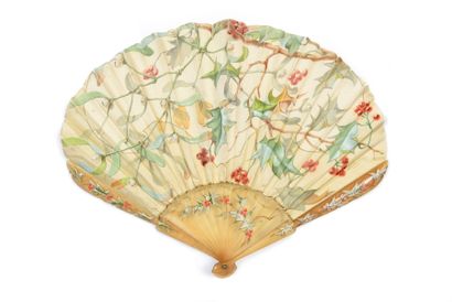  Happy New Year ! around 1900 Folded fan, balloon shape, the cream silk leaf painted...