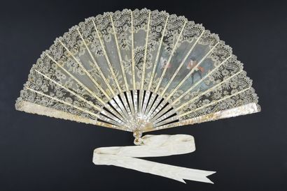 null The Surprised Lover, ca. 1890-1900
Folded fan, the mechanical lace leaf bordering...