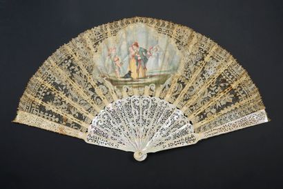  L'offrande à l'Amour d'après Sauvage, circa 1860-1880 Folded fan, the needle lace...