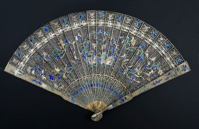  The Two Birds, China, early 19th century A silver filigree broken fan with blue,...