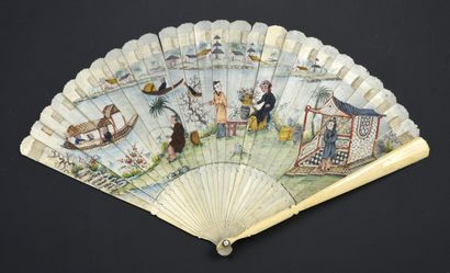 null River of China, circa 1810-1820
Broken type ivory fan* painted with a panoramic...