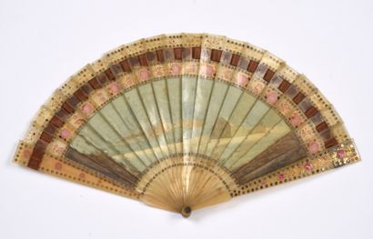 null Falling Snow, ca. 1820
Blonde horn fan painted with a rare snowy landscape with...