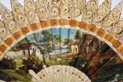  Swiss landscape, circa 1820 A broken horn painted fan of a panorama of farms overlooking...