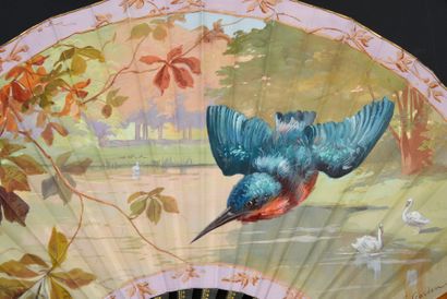  Van Garden, The Kingfisher, ca. 1900 Folded fan, balloon shape, the silk leaf painted...
