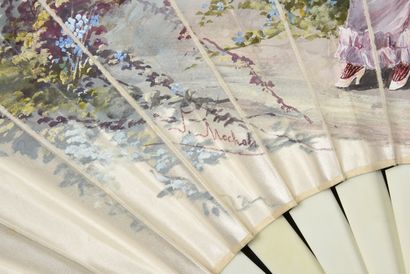 null L'indiscret au binocle, ca. 1890
Folded fan, the cream satin sheet painted after...,...