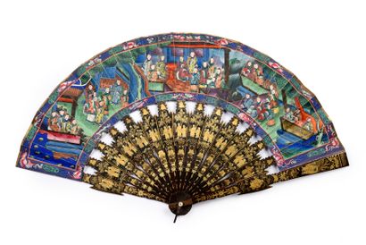 A day in the palace, China, 19th century Folded fan, the double sheet of paper painted...