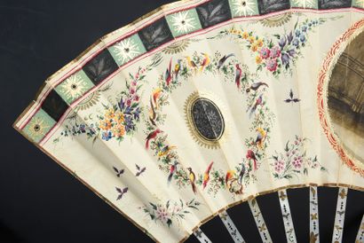  Les amours troubadours, ca. 1840-1850 Folded fan, the skin sheet engraved and painted...