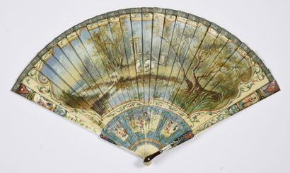 Dans le goût de Watteau, vers 1900 
Broken bone fan painted in the 18th century taste...