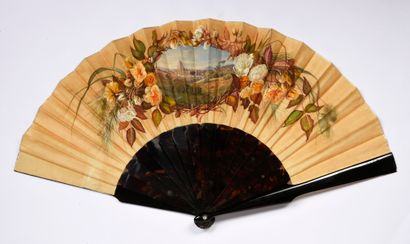  View of Rome, ca. 1870 Folded fan, the buff silk sheet painted with a broad panoramic...