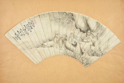  «Su Wu garde les béliers», Chine, fin du XIXe siècle Feuille d'éventail en papier...