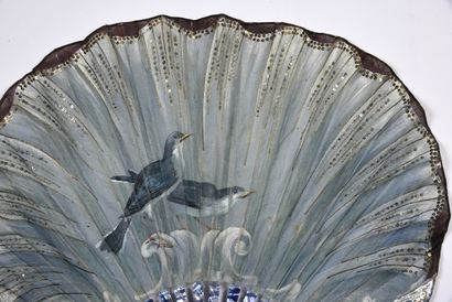 null The two birds, circa 1900-1920
Large balloon-shaped fan, the leaf made of blue-dyed...