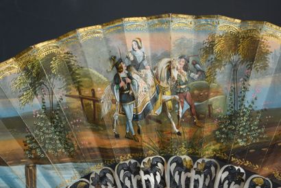  Les jouvenceaux, circa 1850 Folded fan, the paper sheet painted with a scene in...