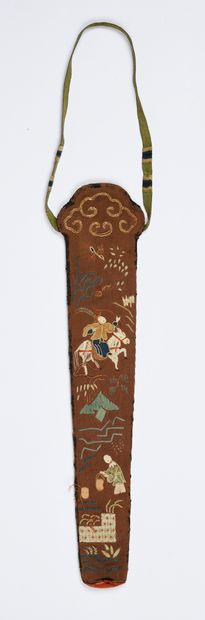  Two fan cases, China, 19th century In embroidered silk, one with characters including...
