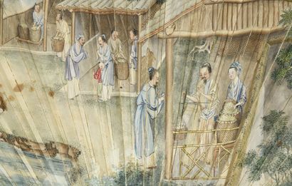 null Le commerce de la soie, Chine, XVIIIe siècle
Rare éventail plié, la feuille...