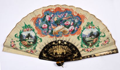  Court scene, China, 19th century Large fan, the double sheet of paper painted with...