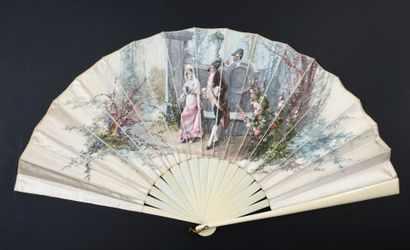  L'indiscret au binocle, ca. 1890 Folded fan, the cream satin sheet painted after...,...