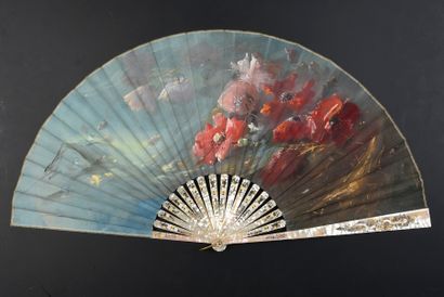 BILLOTEY Poppies, ca. 1890-1900 Folded fan, the silk leaf painted on a shaded background...