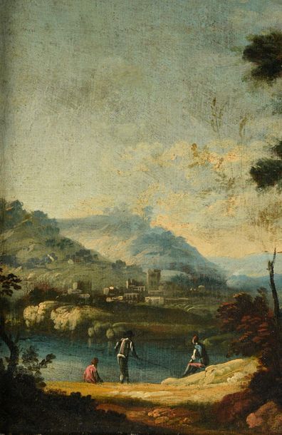 Entourage de Marco RICCI (1676-1730) 
Paysages champêtres, animés de personnages
Huile...