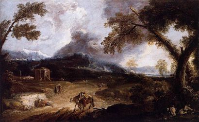Entourage de Marco RICCI (1676-1730) 
Country landscapes, animated with characters
Oil...