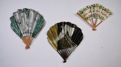 null GRAND MAGASINS - Set of three fans, two balloon-shaped, one decorated with stylized...