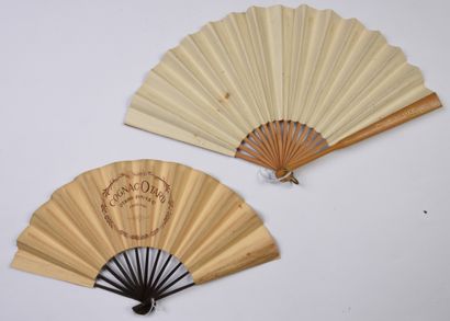null 
ALCOHOLS - Two folded fans, the double leaves in printed paper, one for Courvoisier...